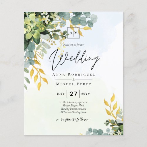 BUDGET Greenery Gold Eucalyptus Leaves Wedding Flyer