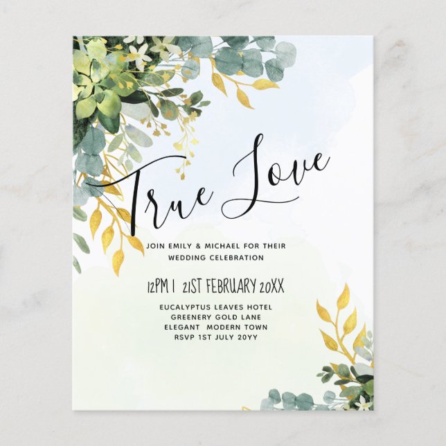 BUDGET Greenery Gold Eucalyptus Leaves Wedding Flyer (Front)