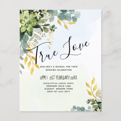 BUDGET Greenery Gold Eucalyptus Leaves Wedding Flyer