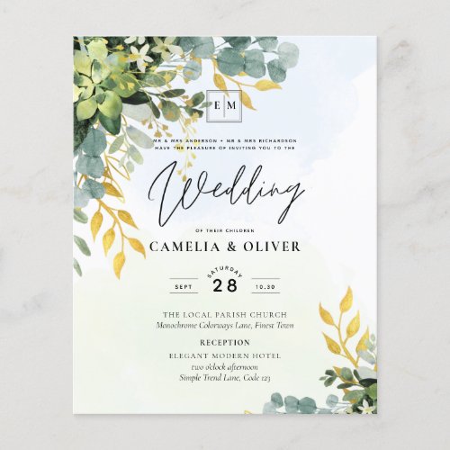 BUDGET Greenery Gold Eucalyptus Leaves Wedding Flyer