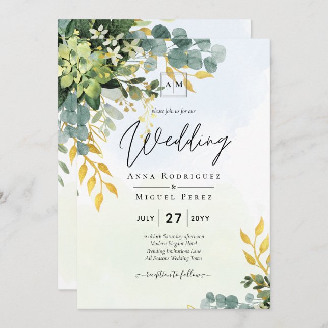 BUDGET Greenery Gold Eucalyptus Leaves Wedding Invitation (Front/Back)