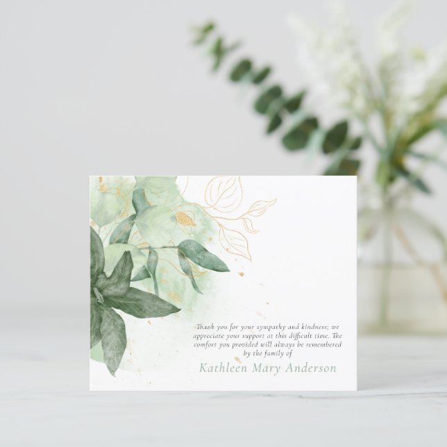 Budget Greenery Gold Funeral Thank You Card (Standing Front)