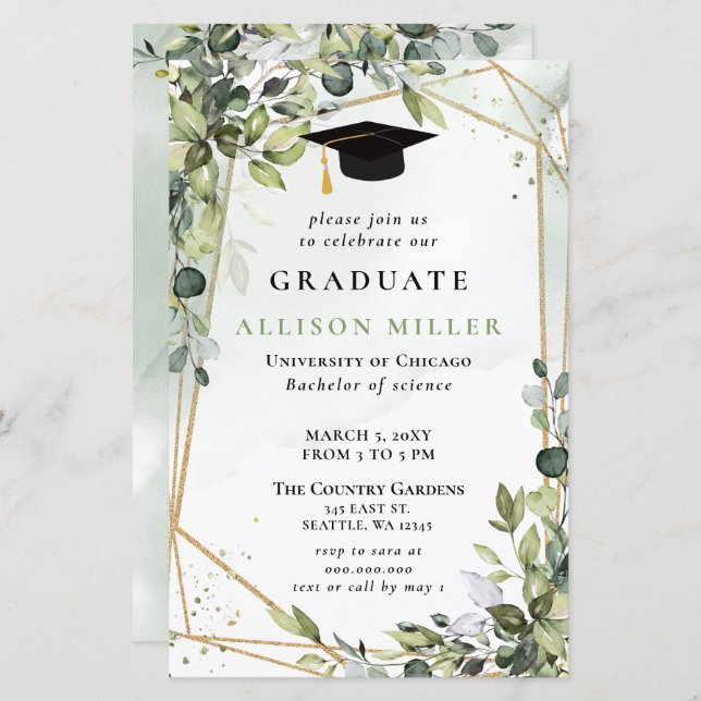Budget Greenery Gold Graduation Invitation (Front/Back)