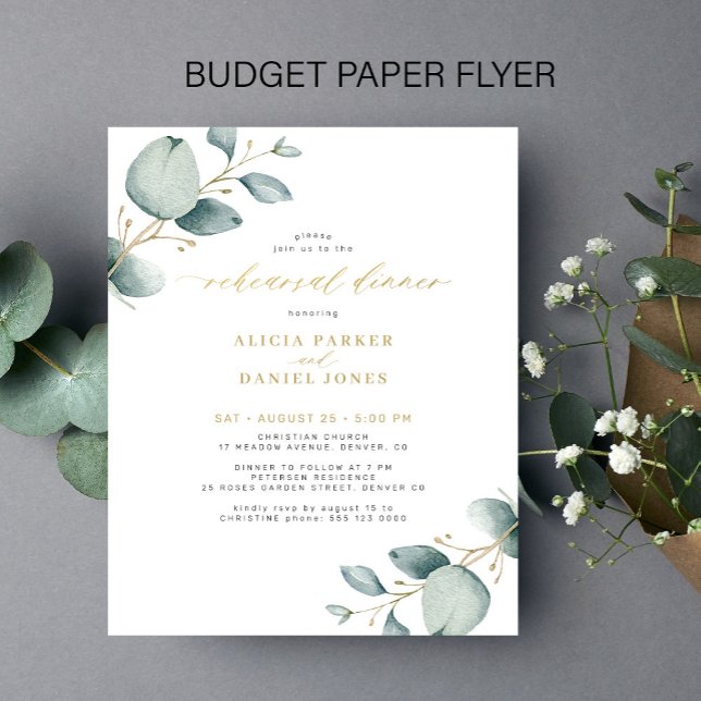 Budget greenery gold rehearsal dinner invitation flyer (Creator Uploaded)