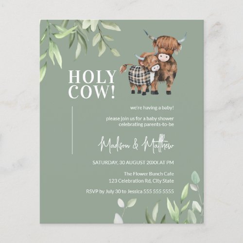 Budget Greenery Highland Cow Baby Shower Invite