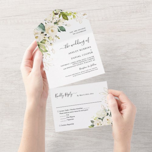 Budget Greenery Ivory White Gold Floral Wedding All In One Invitation - These " Greenery Ivory White Gold Floral Wedding All in One Invitations" are designed with an easy to tear off perforated RSVP postcard. Just simply fold each card into the outlined shape, and then seal and send - no envelope needed for shipping. Budget Greenery Ivory White Gold Floral Wedding All In One Invitation - These " Greenery Ivory White Gold Floral Wedding All in One Invitations" are designed with an easy to tear off perforated RSVP postcard. Just simply fold each card into the outlined shape, and then seal and send - no envelope needed for shipping.