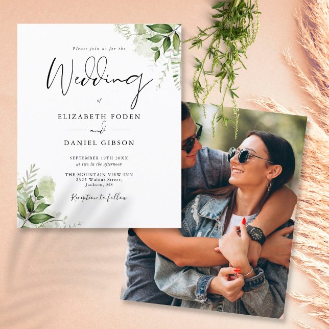 Budget Greenery Leaves Photo Wedding Invitation (Creator Uploaded)
