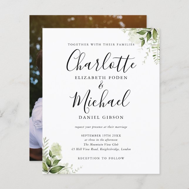 Budget Greenery Leaves Script Photo Wedding Invite (Front/Back)