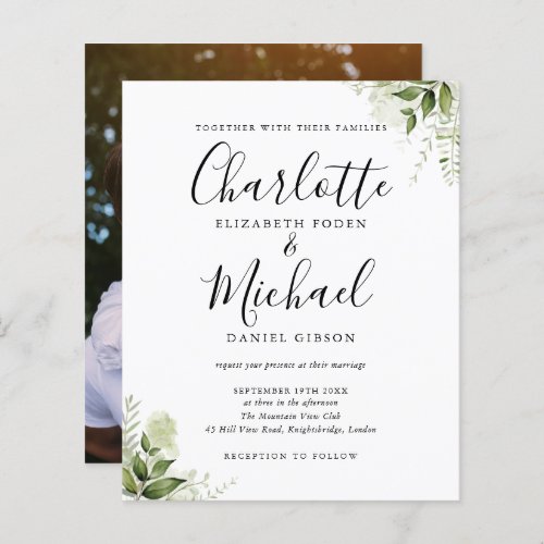 Budget Greenery Leaves Script Photo Wedding Invite - Featuring your photo, signature style names and greenery leaves, this elegant budget wedding invitation can be personalized with your information in chic lettering. Designed by Thisisnotme©