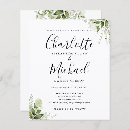 Budget Greenery Leaves Script Wedding Invitation - Featuring signature style names and greenery leaves, this elegant budget wedding invitation can be personalized with your information in chic lettering. Designed by Thisisnotme©
