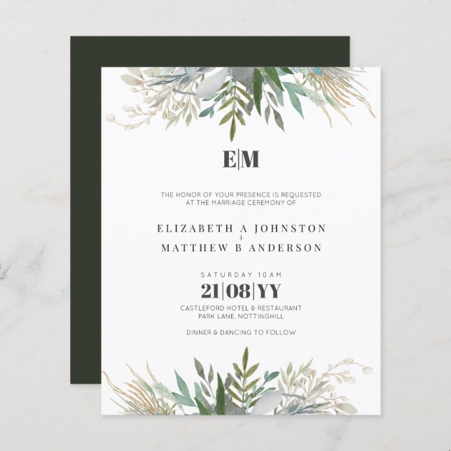 Budget Greenery Leaves Typography Wedding Invites (Front/Back)