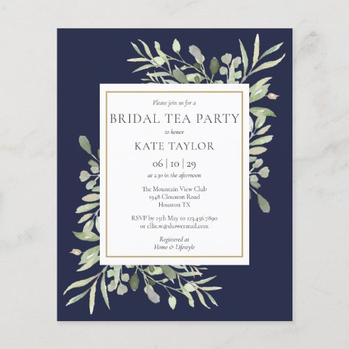 Budget Greenery Navy Blue Bridal Tea Party Invite - Featuring delicate watercolor leaves on a navy blue background, this chic budget bridal tea party invitation can be personalized with your special details. Designed by Thisisnotme©