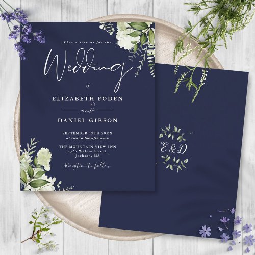 Budget Greenery Navy Blue Wedding Invitation