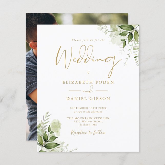 Budget Greenery Photo Gold Wedding Invitation (Front/Back)