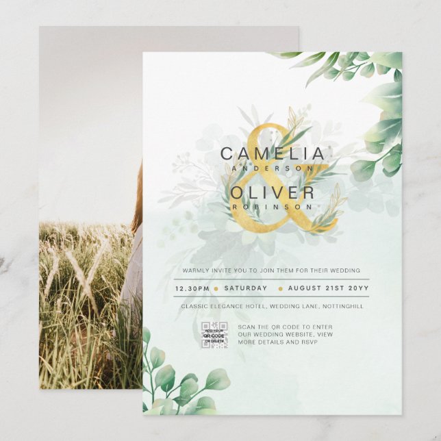 BUDGET Greenery PHOTO Wedding Invitation QR CODE (Front/Back)
