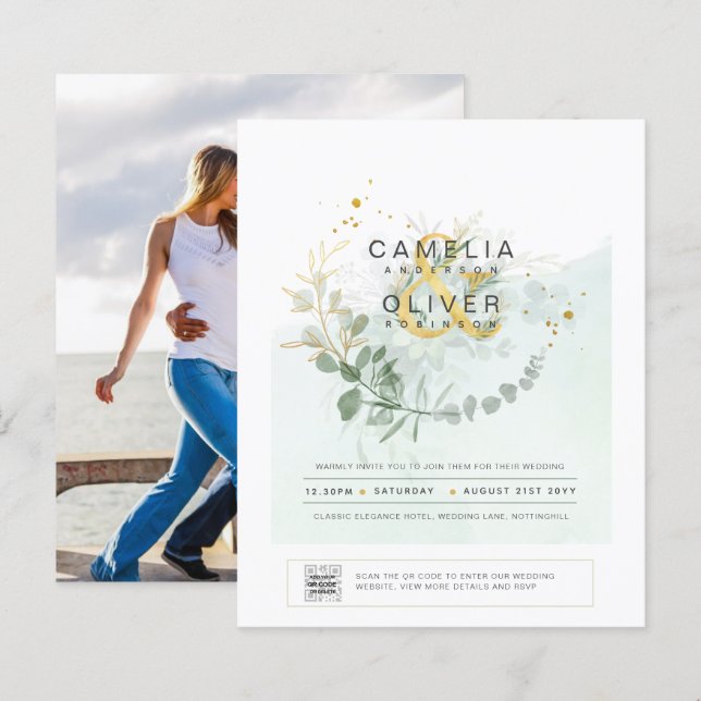 BUDGET Greenery PHOTO Wedding Invitation QR CODE F (Front/Back)