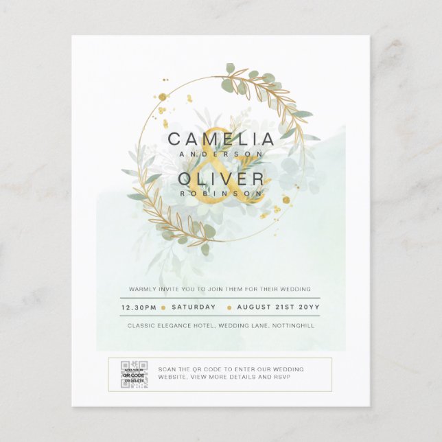 BUDGET Greenery PHOTO Wedding Invitation QR CODE F Flyer (Front)