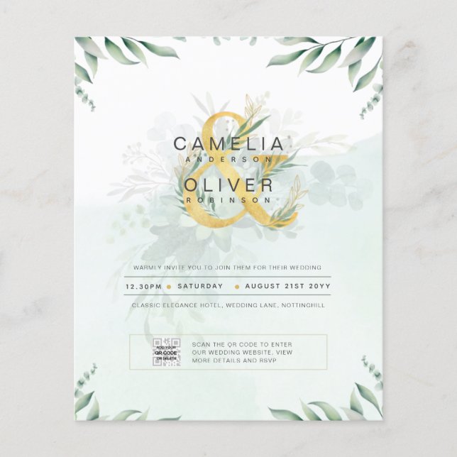 BUDGET Greenery PHOTO Wedding Invitation QR CODE F Flyer (Front)