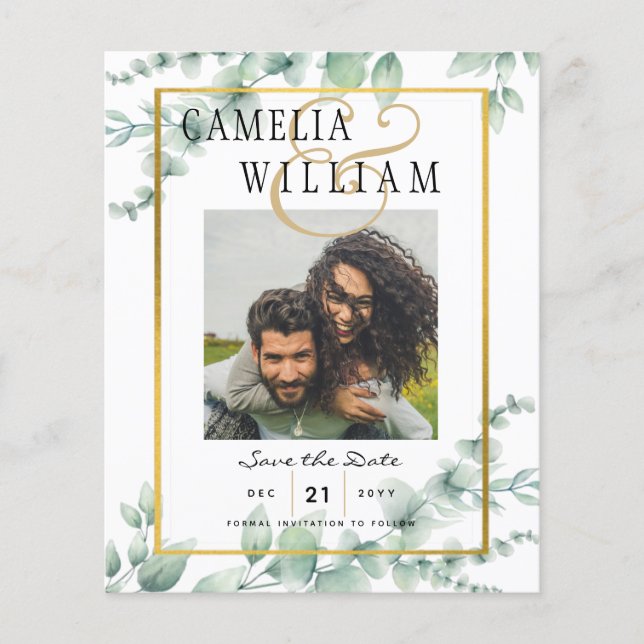 BUDGET Greenery PHOTO Wedding Save The Date QRcode Flyer (Front)