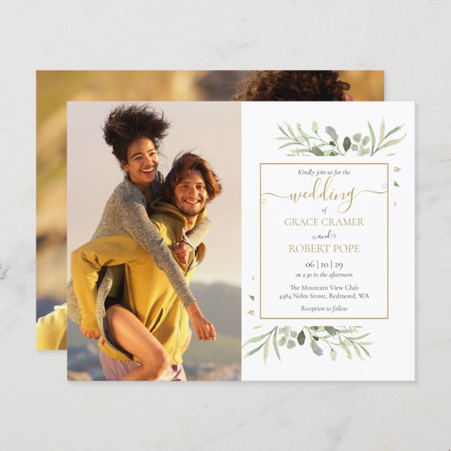 Budget Greenery Photos Script Wedding Invitation (Front/Back)