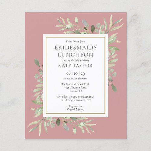 Budget Greenery Pink Bridesmaids Luncheon Invite - Featuring delicate watercolor leaves on a dusty rose background, this chic budget bridesmaids luncheon invitation can be personalized with your special event details. Designed by Thisisnotme©