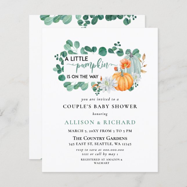 Budget Greenery Pumpkin Baby Shower Invitation (Front/Back)