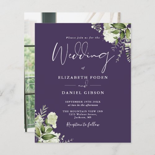 Budget Greenery Purple Photo Wedding Invitation