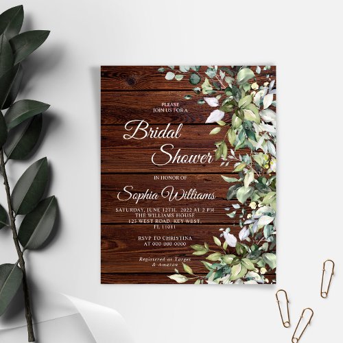 Budget Greenery Rustic Wood Bridal Invitation