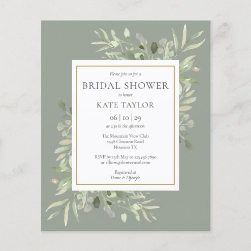 Budget Greenery Sage Green Bridal Shower Invite - Featuring delicate watercolor greenery leaves on a sage green background, this chic budget bridal shower invitation can be personalized with your special bridal shower information. Designed by Thisisnotme©