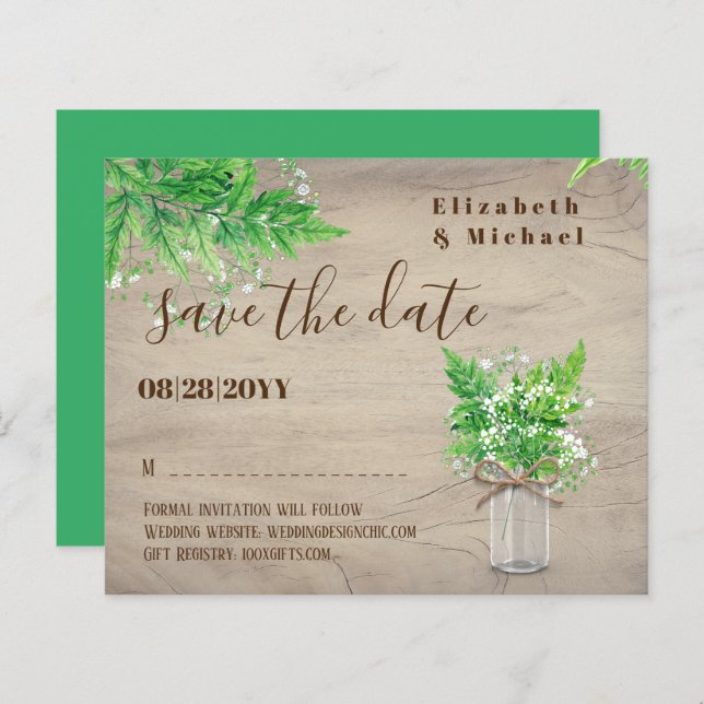 BUDGET Greenery Save Dates Ferns Monochromatic Grn (Front/Back)