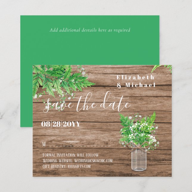 BUDGET Greenery Save Dates Ferns Rustic Wedding (Front/Back)