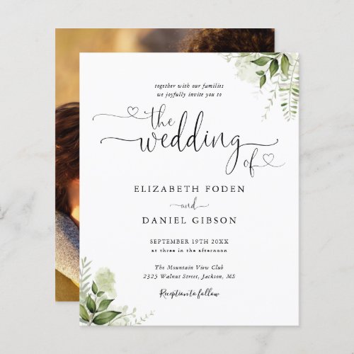 Budget Greenery Script Photo Wedding Invitation - This elegant budget black and white wedding invitation featuring greenery leaves can be personalized with your celebration details set in chic typography and your special photo on the reverse. Designed by Thisisnotme©