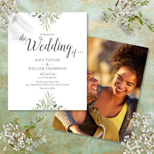 Budget Greenery Script Wedding Photo Invitation