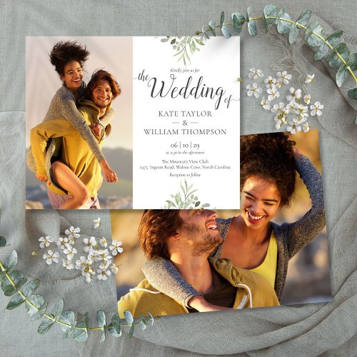 Budget Greenery Script Wedding Photos Invitation