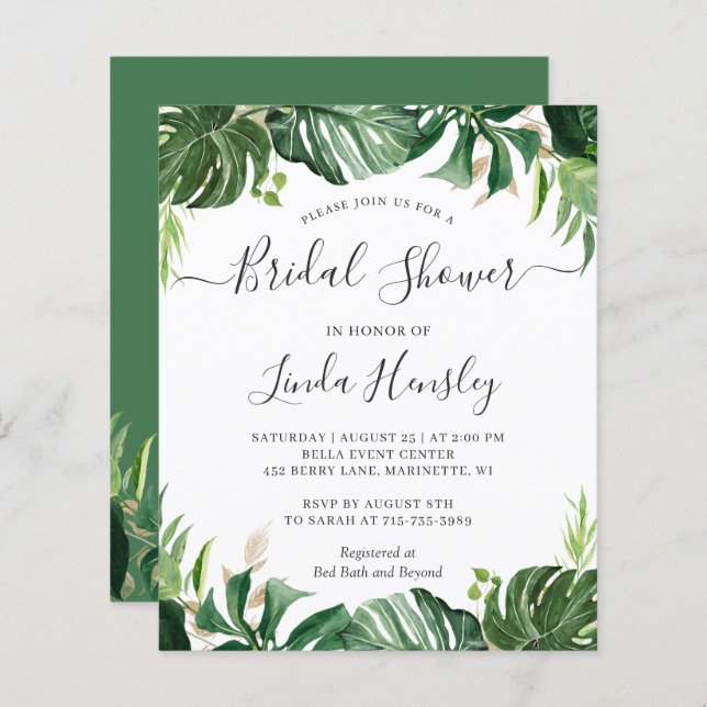 Budget Greenery Tropical Bridal Shower Invitations (Front/Back)