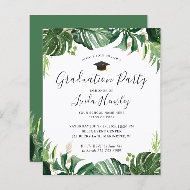 Budget Greenery Tropical Graduation Party Invite (Front/Back)