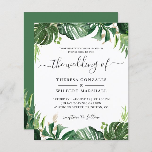 Budget Greenery Tropical Palm Leaf Wedding Invites (Front/Back)
