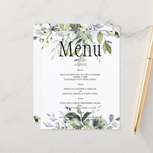Budget Greenery Watercolor WEDDING MENU.  (Front/Back In Situ)