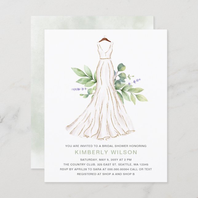Budget Greenery Wedding Dress Bridal Shower Invite (Front/Back)
