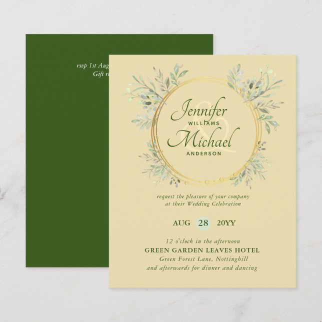 BUDGET Greenery Wreath Green Gold Wedding Invite (Front/Back)