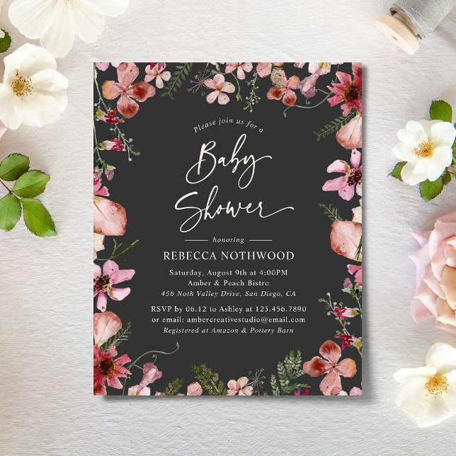 Budget Grey Magenta Floral Baby Shower Invitation (Creator Uploaded)
