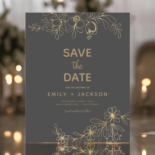 Budget Grey Save the Date Floral Gold Foil