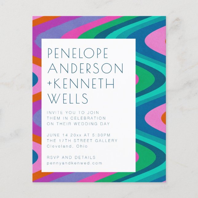 Budget Groovy Colorful Curvy Lines Wedding Invite (Front)