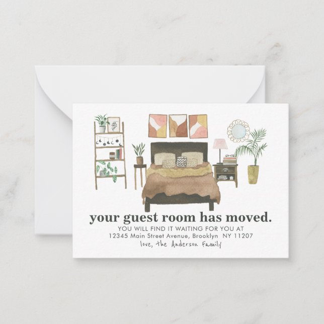 Budget Guest Room Moved Boho Chic Bedroom Moving Note Card (Front)
