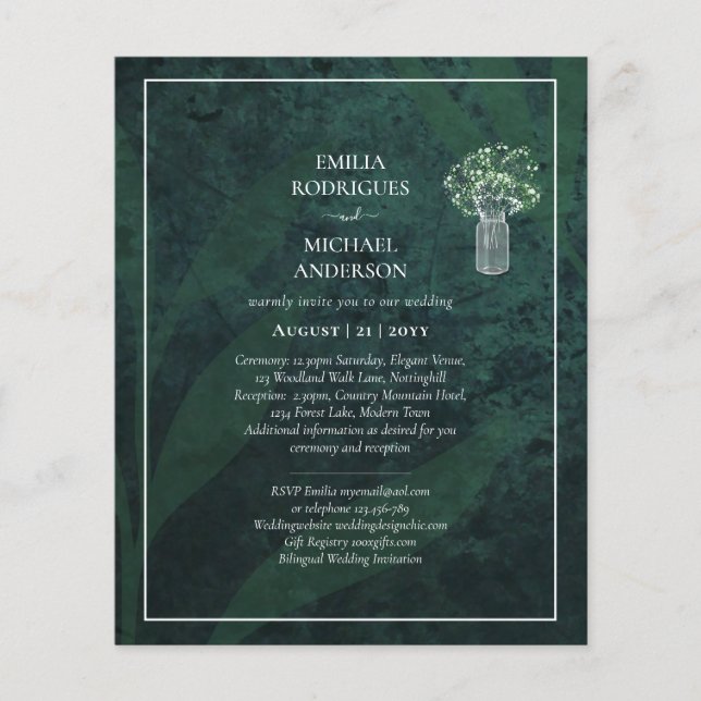 Budget Gypsophila Emerald Green Wedding Invitation Flyer (Front)