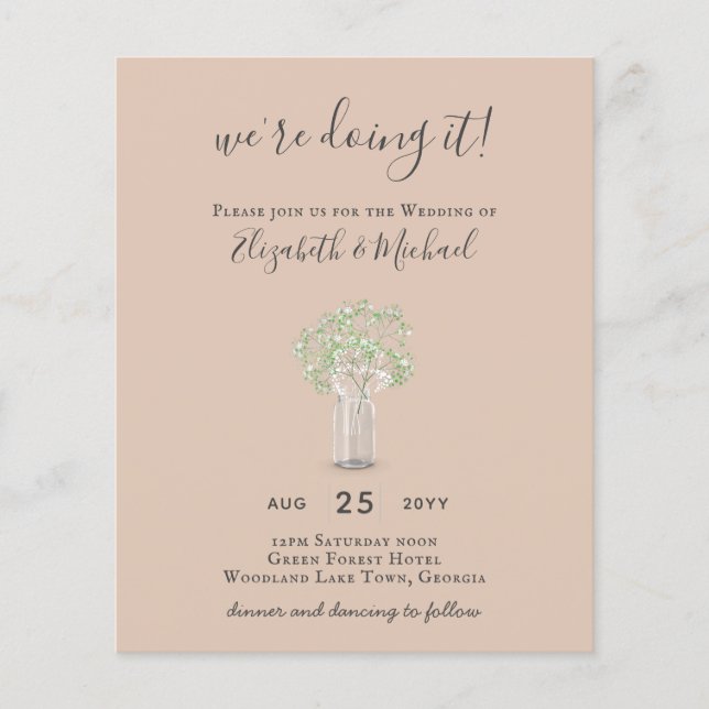 BUDGET Gypsophila Mason Jar Modern Minimal WEDDING Flyer (Front)