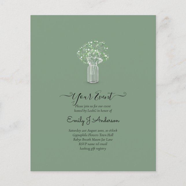 BUDGET Gypsophila Mason Jar Modern Minimal WEDDING Flyer (Front)