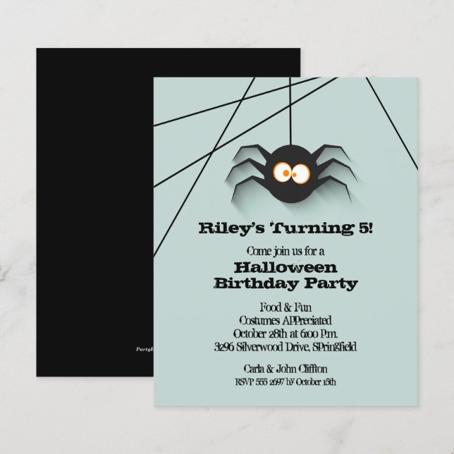 Budget Halloween Black Spider Birthday Invitations (Front/Back)