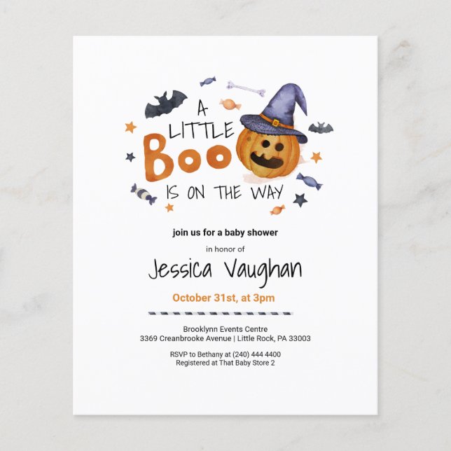 Budget Halloween Pumpkin Little Boo Baby Shower Flyer (Front)
