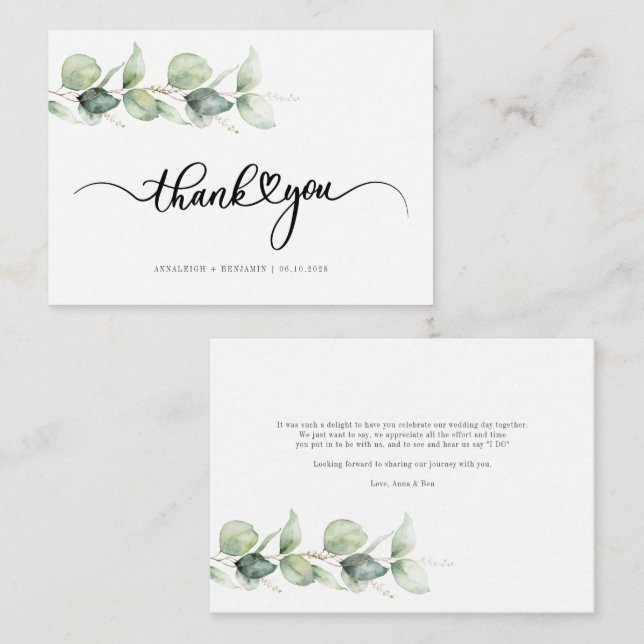 Budget Hand-Lettered Eucalyptus Wedding Thank You  Note Card (Front/Back)